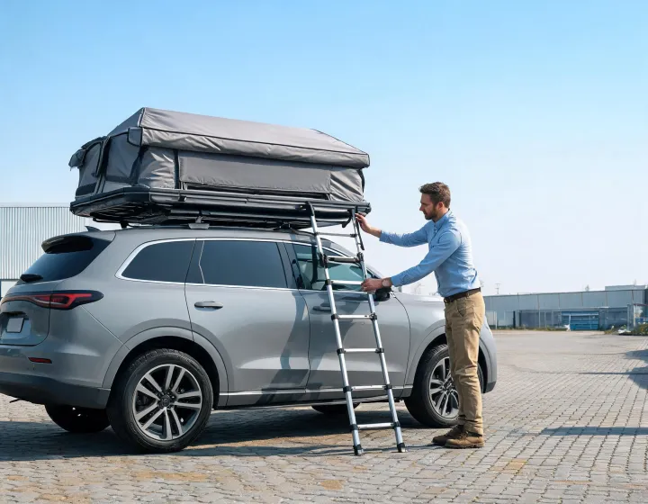 Custom rooftop tent mounted on an SUV at an outdoor trade inspection