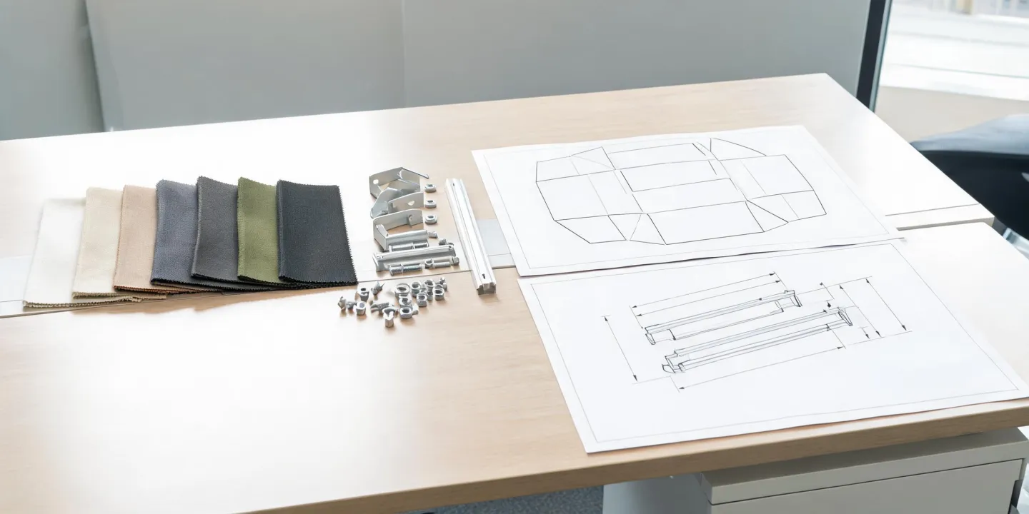 Rooftop tent sourcing desk with specification sheets and hardware samples